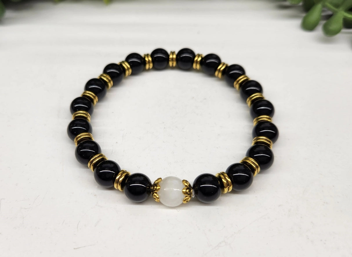 Selenite/Glossy Black Obsidian Bracelet