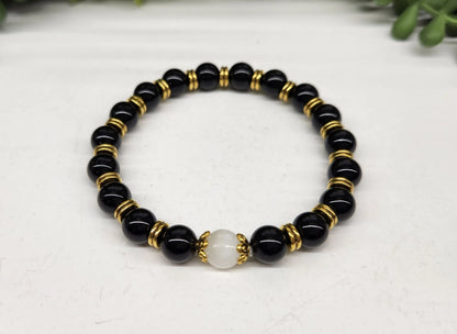 Selenite/Glossy Black Obsidian Bracelet